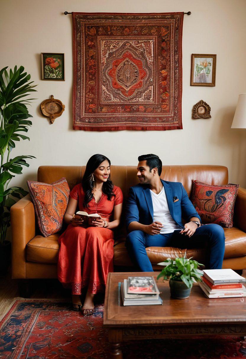 A cozy living room scene featuring a diverse couple of Indian descent sharing a heartfelt moment, surrounded by traditional decor and modern elements. Include books on intimacy and sexual health subtly placed on a table. Soft lighting enhances the warm atmosphere and expressions. Visual metaphors like intertwined hearts or flourishing plants can symbolize love and growth. vibrant colors. super-realistic.