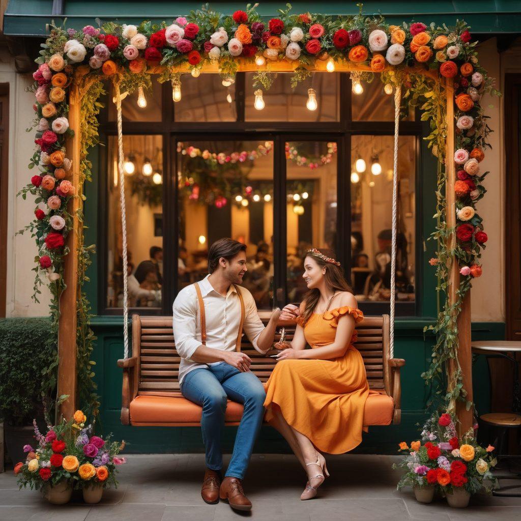 A beautiful juxtaposition of traditional Indian elements like a vintage wooden swing and vibrant flower garlands, fused with modern symbols of love such as a cozy café setting and couple selfies. The background should depict a transition from ancient architecture to sleek modern buildings, illustrating the blend of past and present. Soft warm lighting to create an intimate atmosphere. vibrant colors. super-realistic.