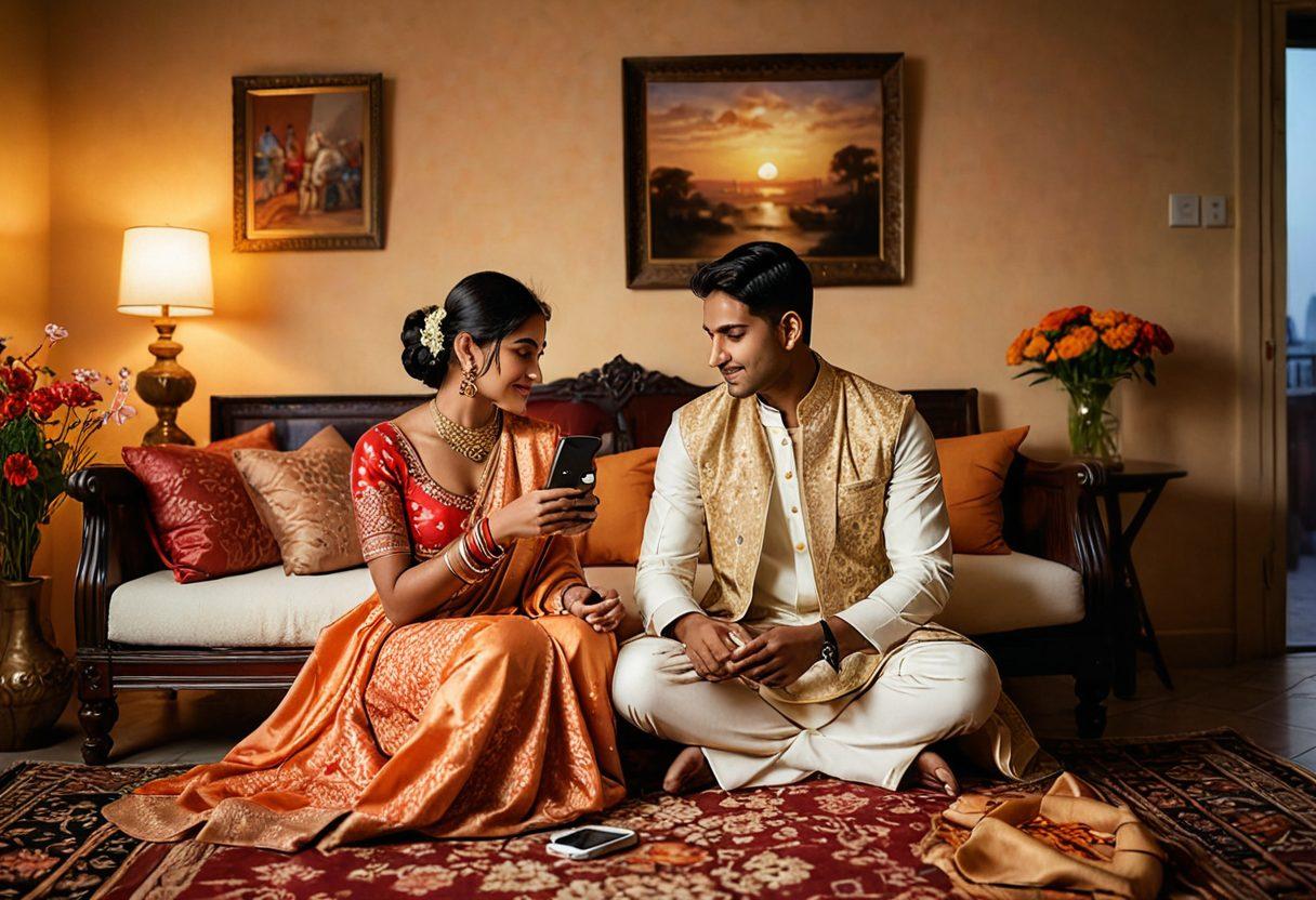 A beautifully arranged scene showcasing an intimate Indian couple sharing a moment in a traditional setting, surrounded by colorful decorations and cultural artifacts. Incorporate elements of modern relationships such as smartphones and stylish clothing, blending tradition with contemporary life. The background features a sunset over a vibrant cityscape. Include delicate floral patterns and soft lighting to evoke warmth and intimacy. super-realistic. vibrant colors. cultural motifs.